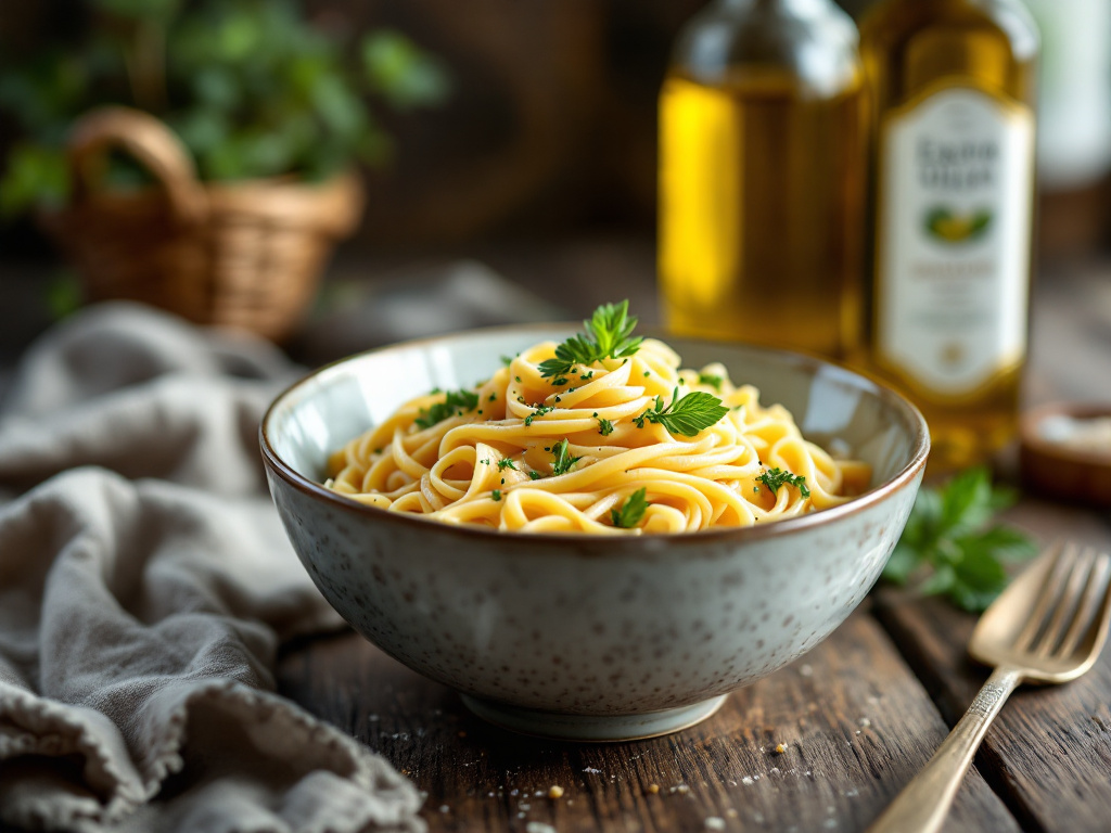 A bottle of extra virgin olive oil next to a bowl of pasta