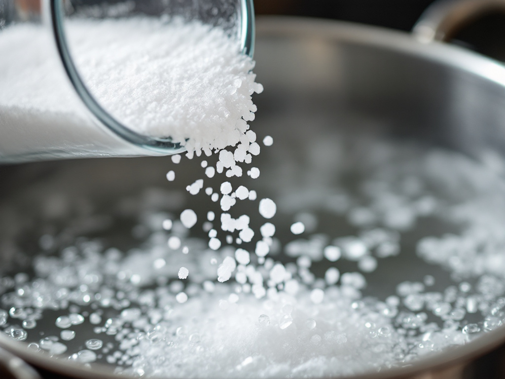 A close-up of salt being poured into boiling water
