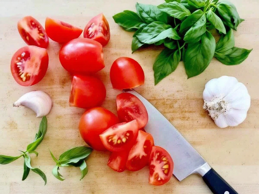 A cutting board with fresh tomatoes, basil, and garlic