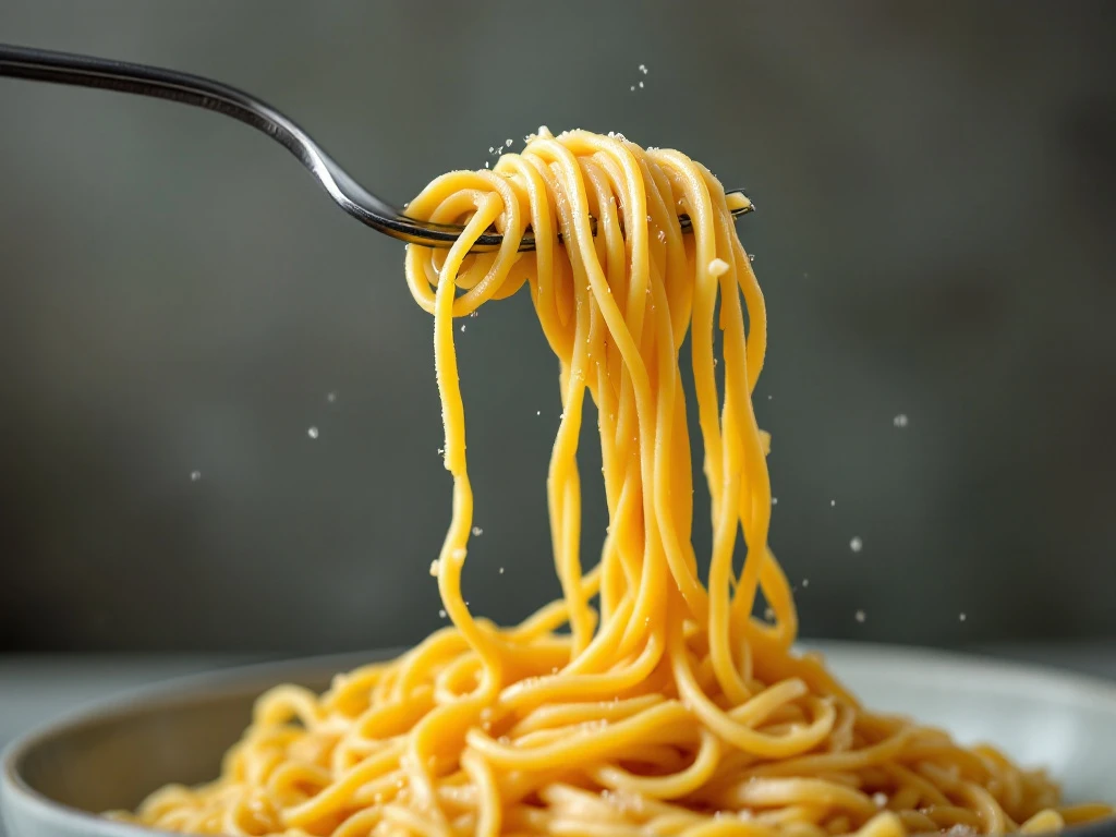 A fork lifting a strand of al dente pasta