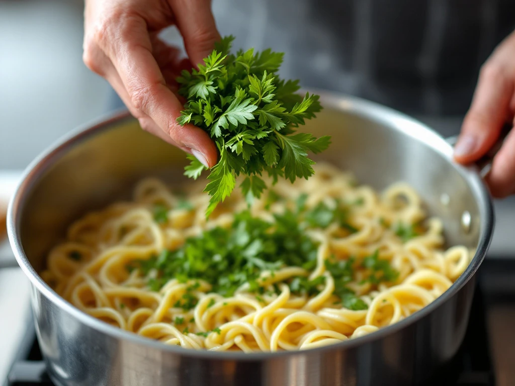 A handful of fresh herbs being added to a pot of pasta
