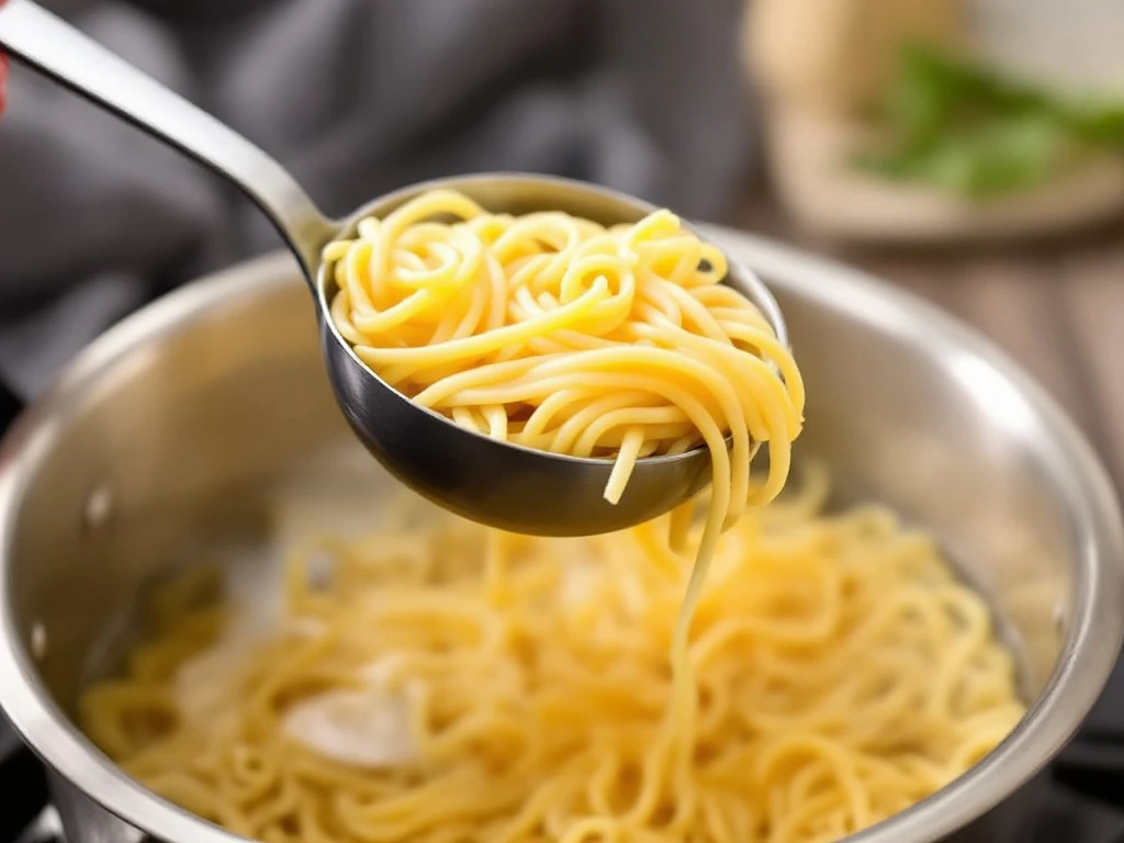 A ladle scooping pasta water into a bowl