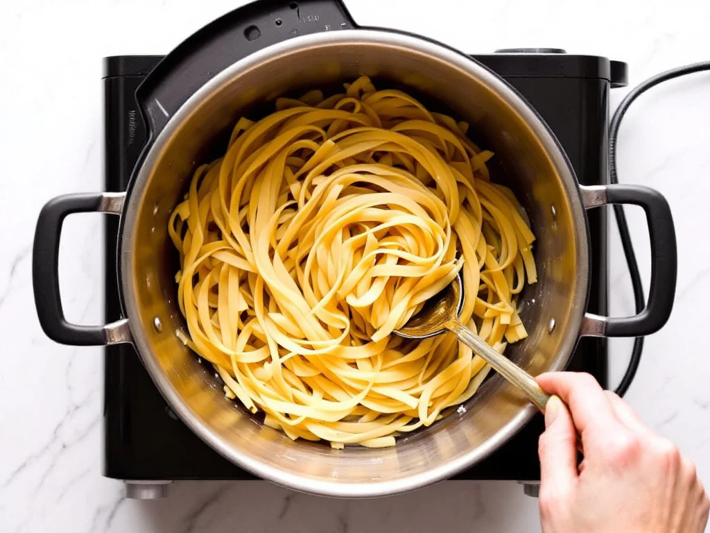 A spoon stirring pasta in a pot