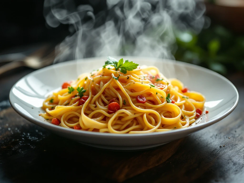 A steaming plate of pasta ready to be served