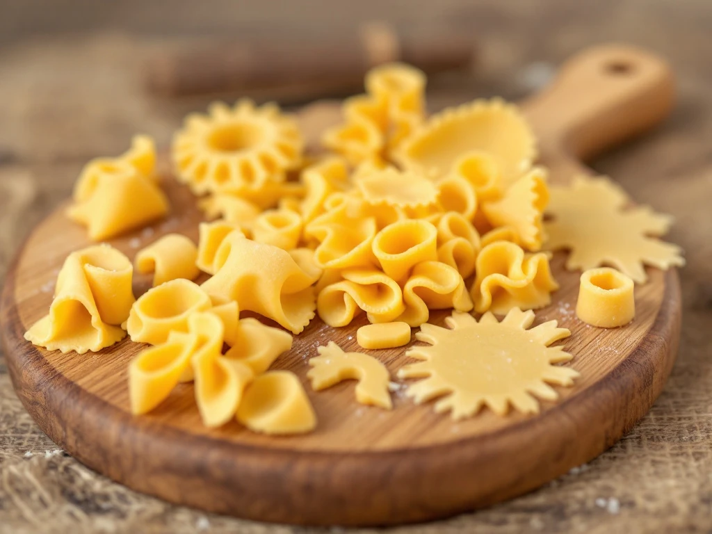 A variety of pasta shapes on a wooden board