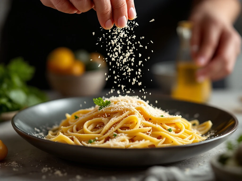 Grated Parmesan cheese being sprinkled over a plate of pasta