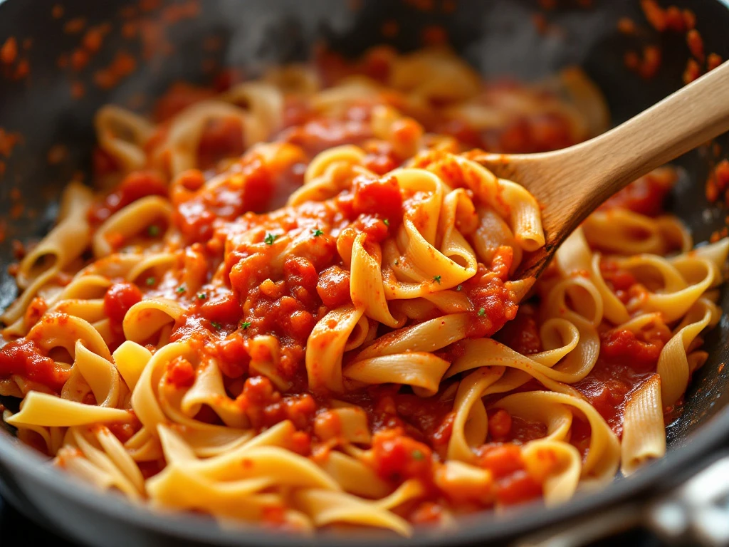 Pasta and sauce cooking together in a pan