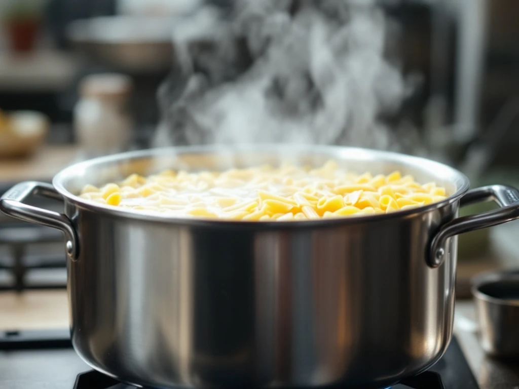 A large pot of boiling water with pasta cooking in it
